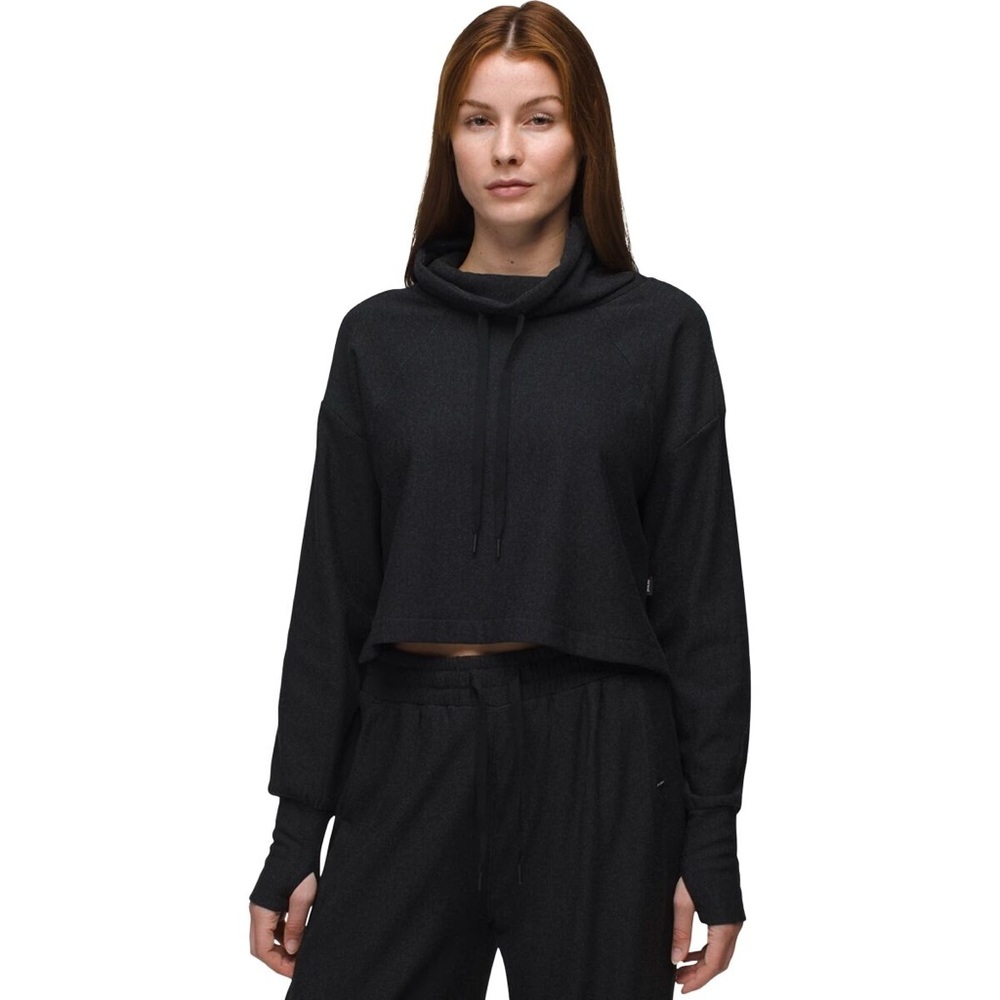 PrAna Women’s Large Sacred Space Funnel Neck Hoodie Black Slub Knit Lightweight‎
